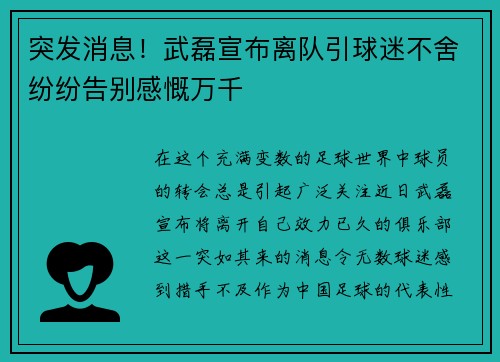 突发消息！武磊宣布离队引球迷不舍纷纷告别感慨万千